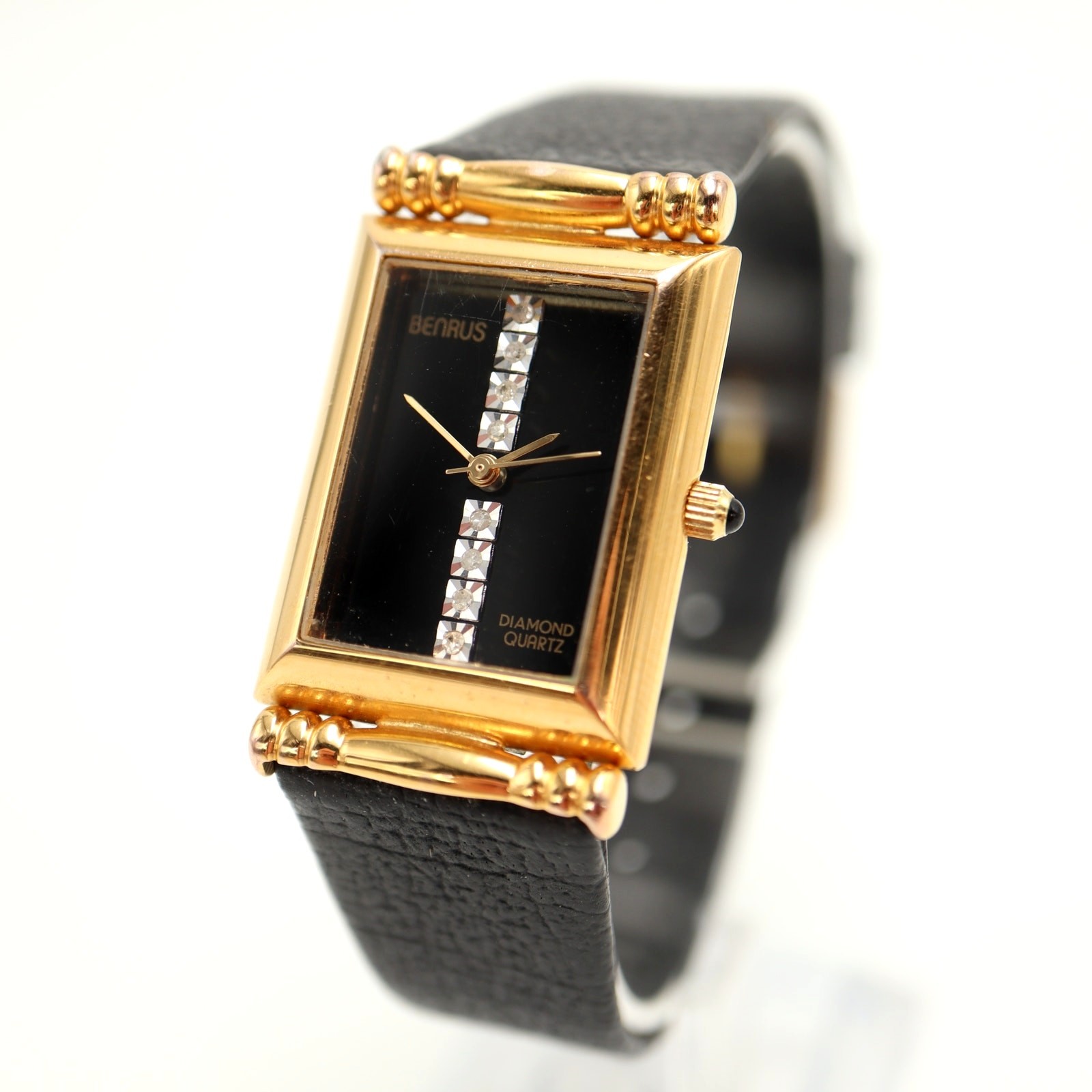 Vintage Benrus Diamond Tank Black Gold Tone 22mm Womens Watch w New Battery