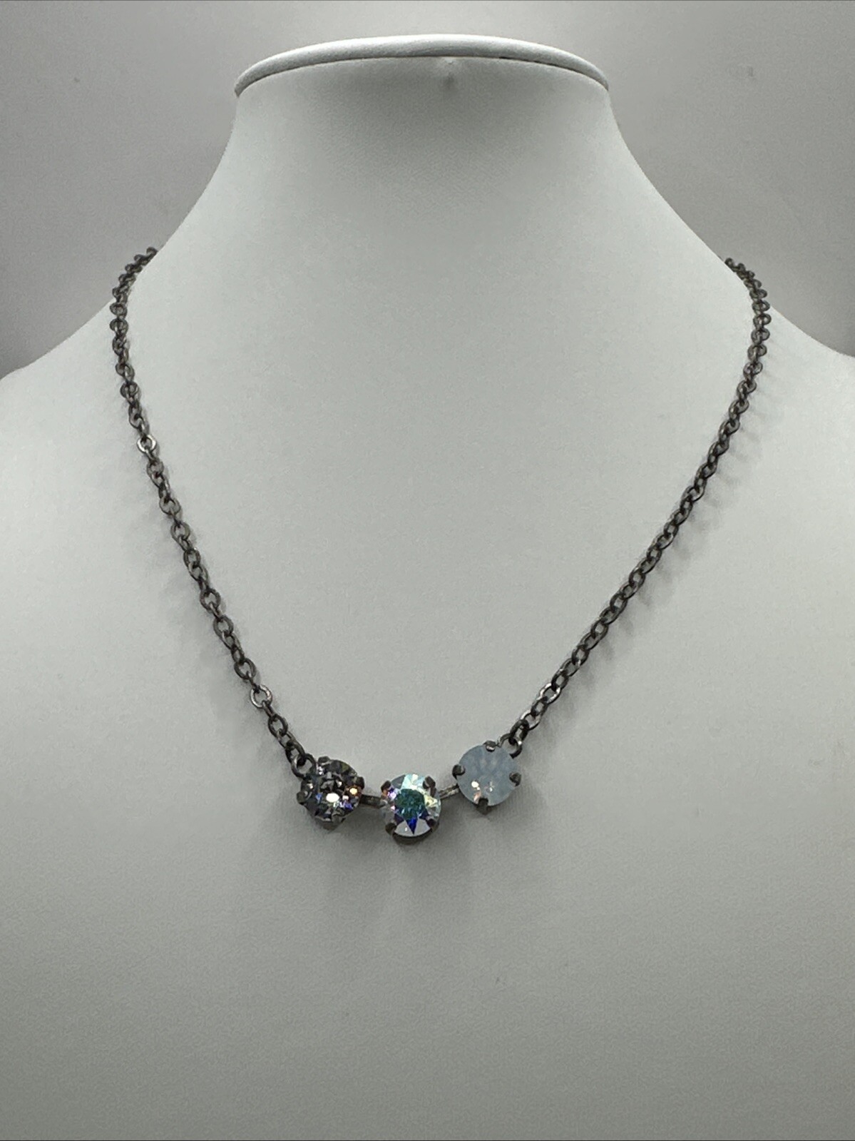 Silver Tone Cup Chain Triple Pendant Opaque AB Rhinestone Pendant 16-18.5 NWT