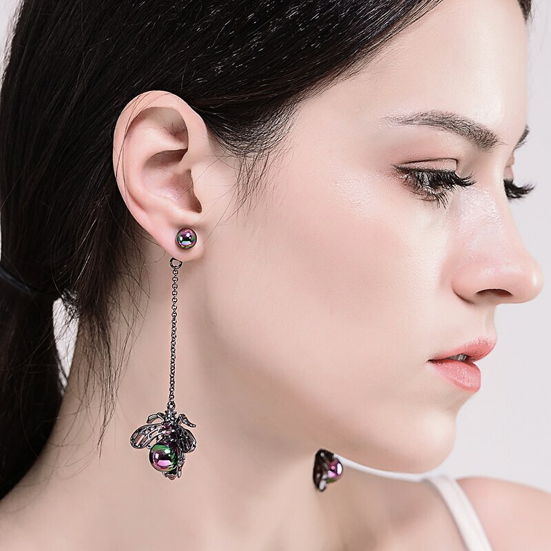 US Seller Betsey Johnson Crystal Black Pearl Bee Insect Long Dangle Earrings