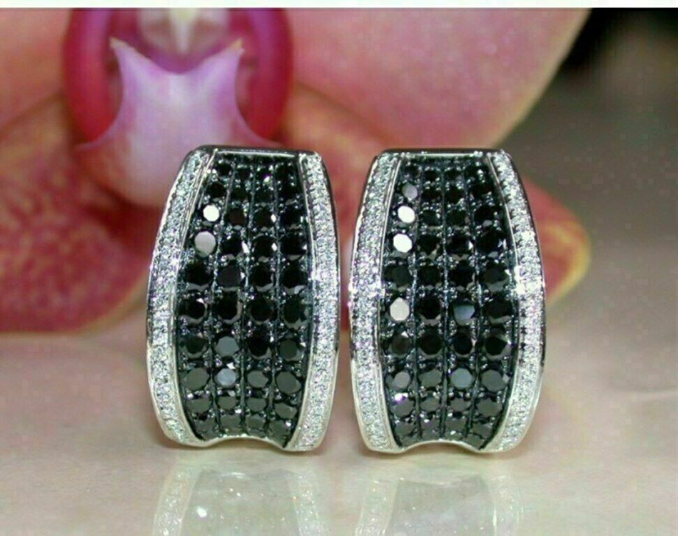 2Ct Lab-Created Black Diamond Cluster Huggie Hoop Earrings 14K White Gold Plated