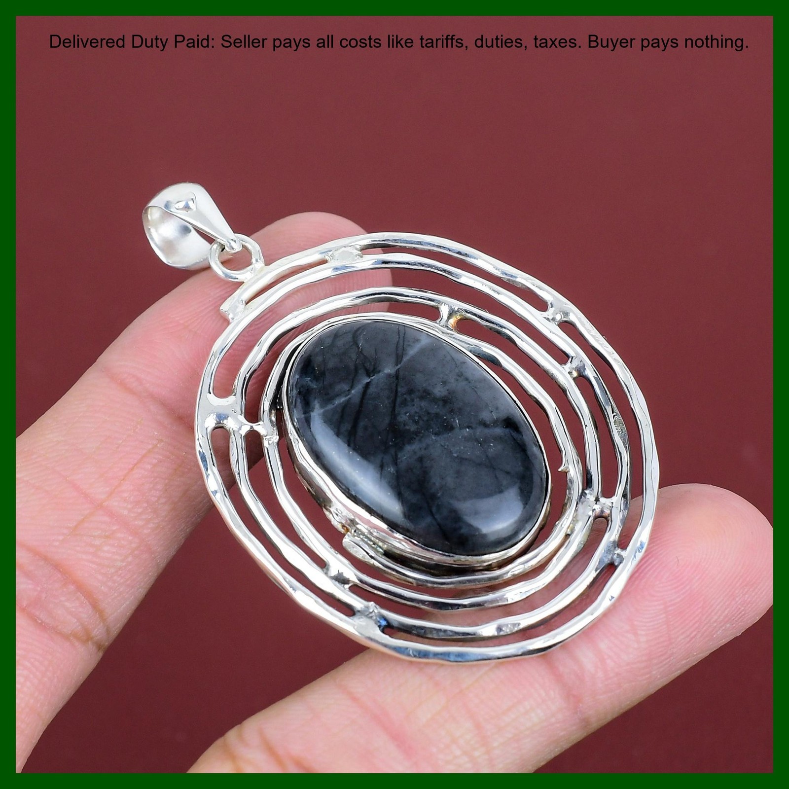 925 Sterling Silver Oval Picasso Jasper Stone Art Deco Bezel Anniversary Pendant