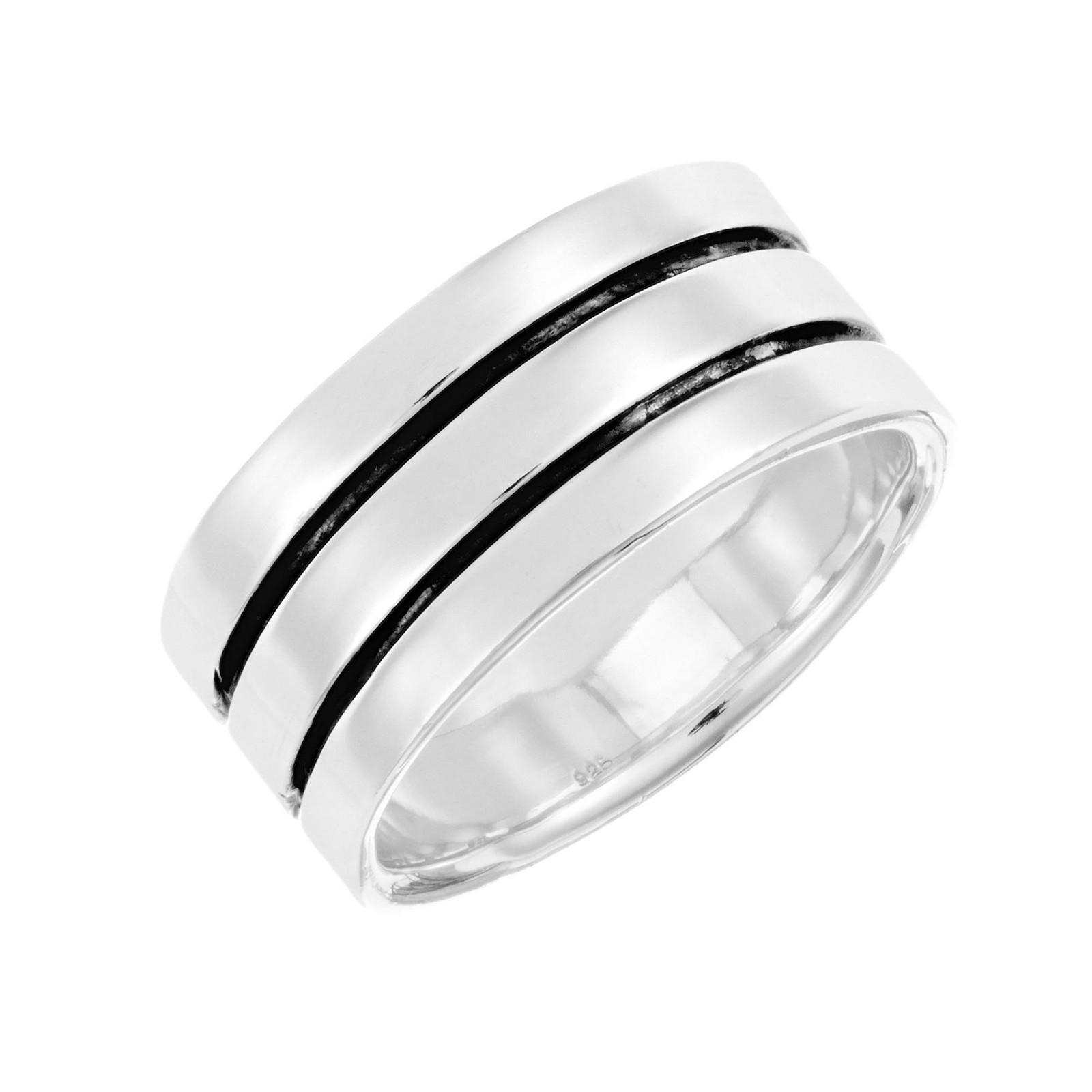 Silverly Sterling Silver Ring Flat Court Band Classic Double Groove Black Line