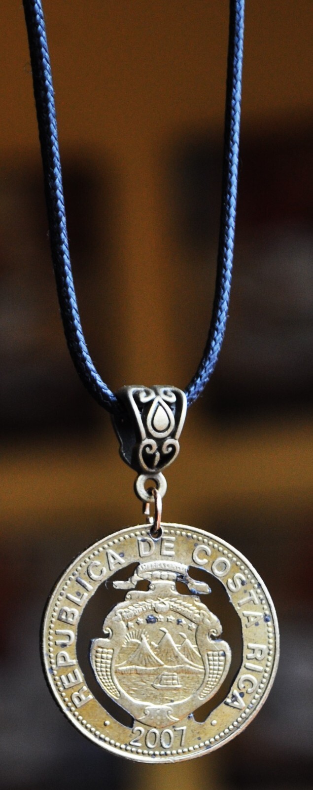 COSTA RICA COAT OF ARMS CUT COIN PENDANT NECKLACE