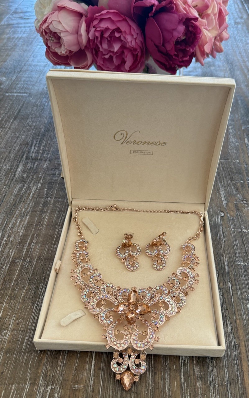 New Peach Rhinestone Wedding, Bridal, Prom Or Pagent Set With Matching Earrings