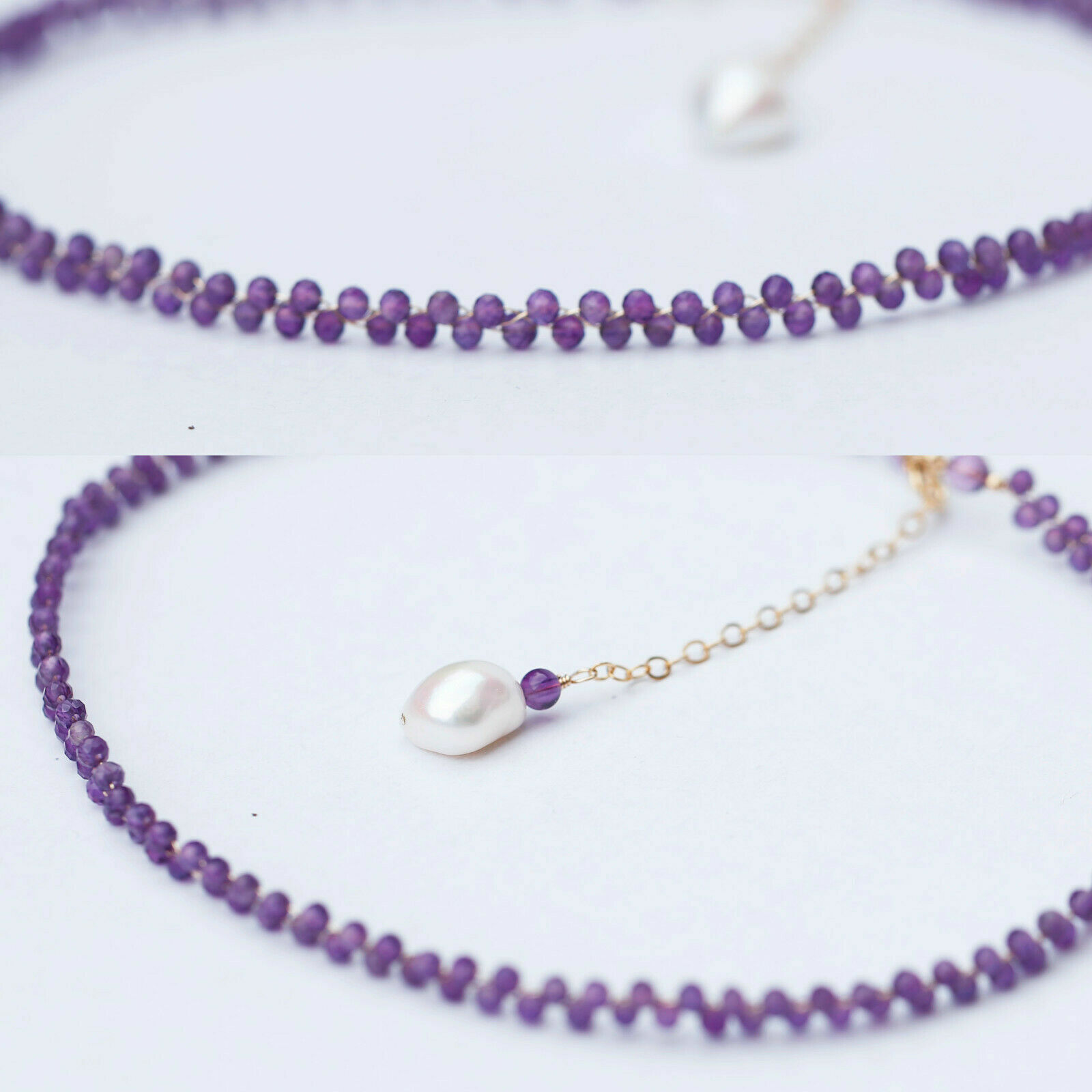 Natural Amethyst 35cm+5cm weave necklace choker W/9-10mm AAA+ pearl pendant #55
