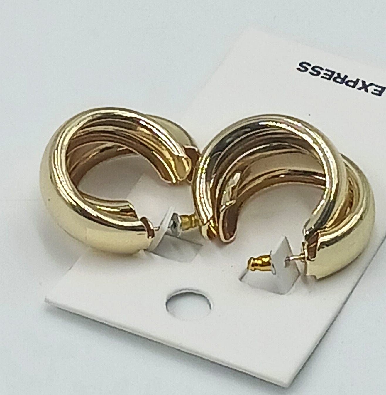 Express 1 3/16″ Thick Double Hoop Push Back Pierced Earrings Gold Tone Shiny New