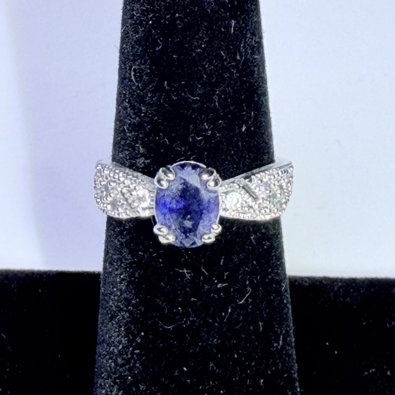 Oval Blue Sapphire Silver Tone Statement Cocktail Ring Size 6.25 Pavé Accents