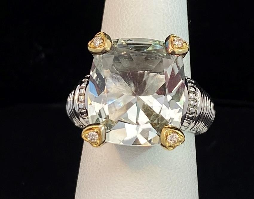 Judith Ripka Sterling 18k Prasiolite CZ Ring Size 6.75 R262