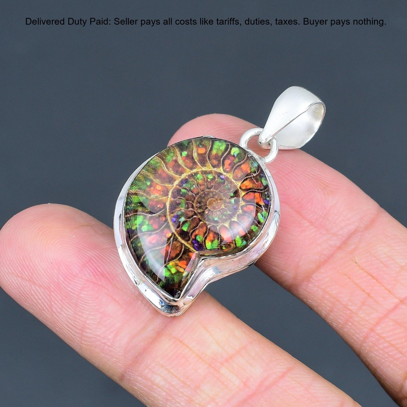 Valentines Sale Pear Ammonite Doublet Opal Stone Pendant Jewelry Sterling Silver