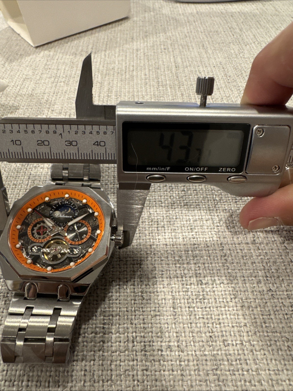 Automatic Skeleton Mechanical Moon phase Men’s Watch Orange Dial Stainless