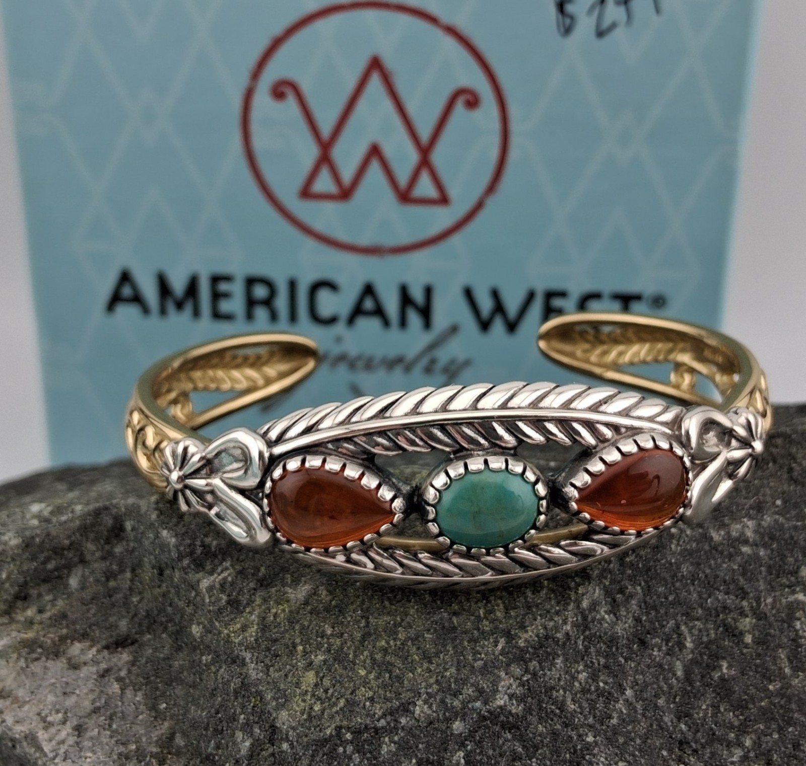 Carolyn Pollack American West Brass Sterling Silver Amber Turquoise Bracelet 6.5