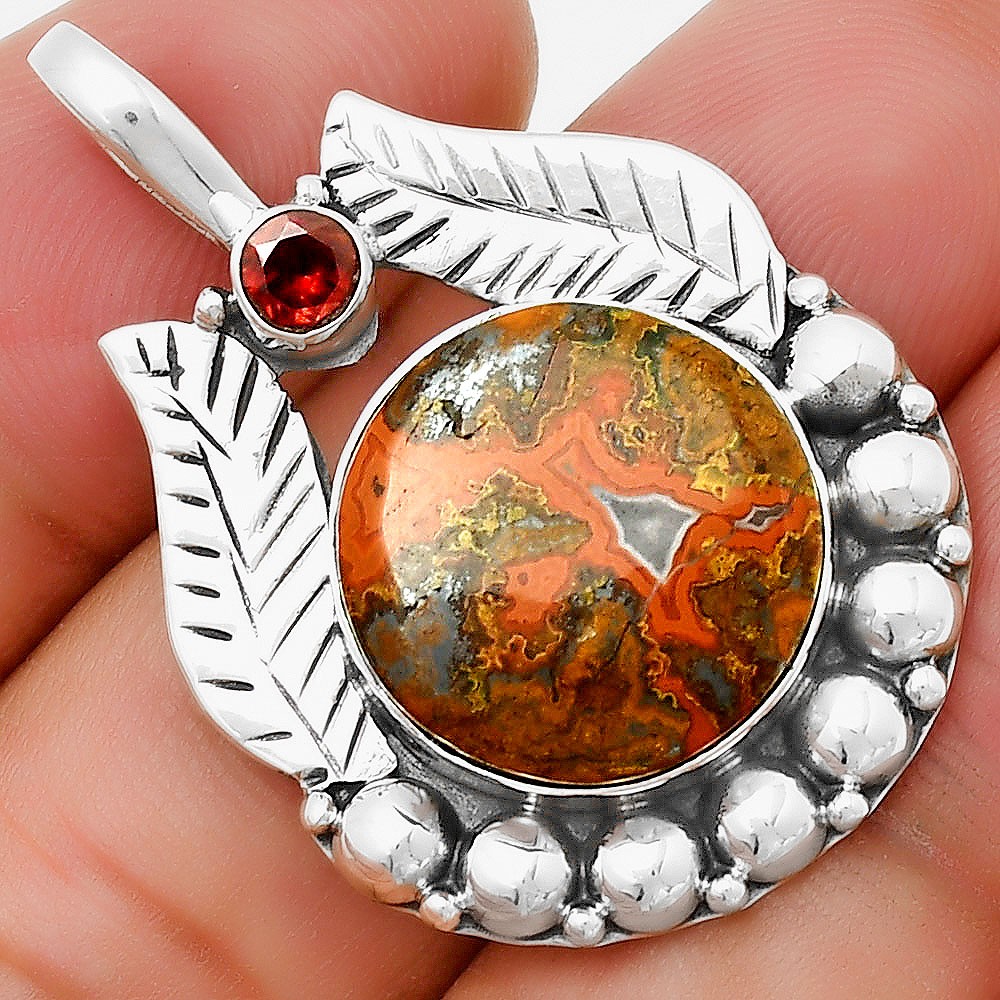 Rare Cady Mountain Agate & Garnet 925 Sterling Silver Pendant Jewelry P-1374
