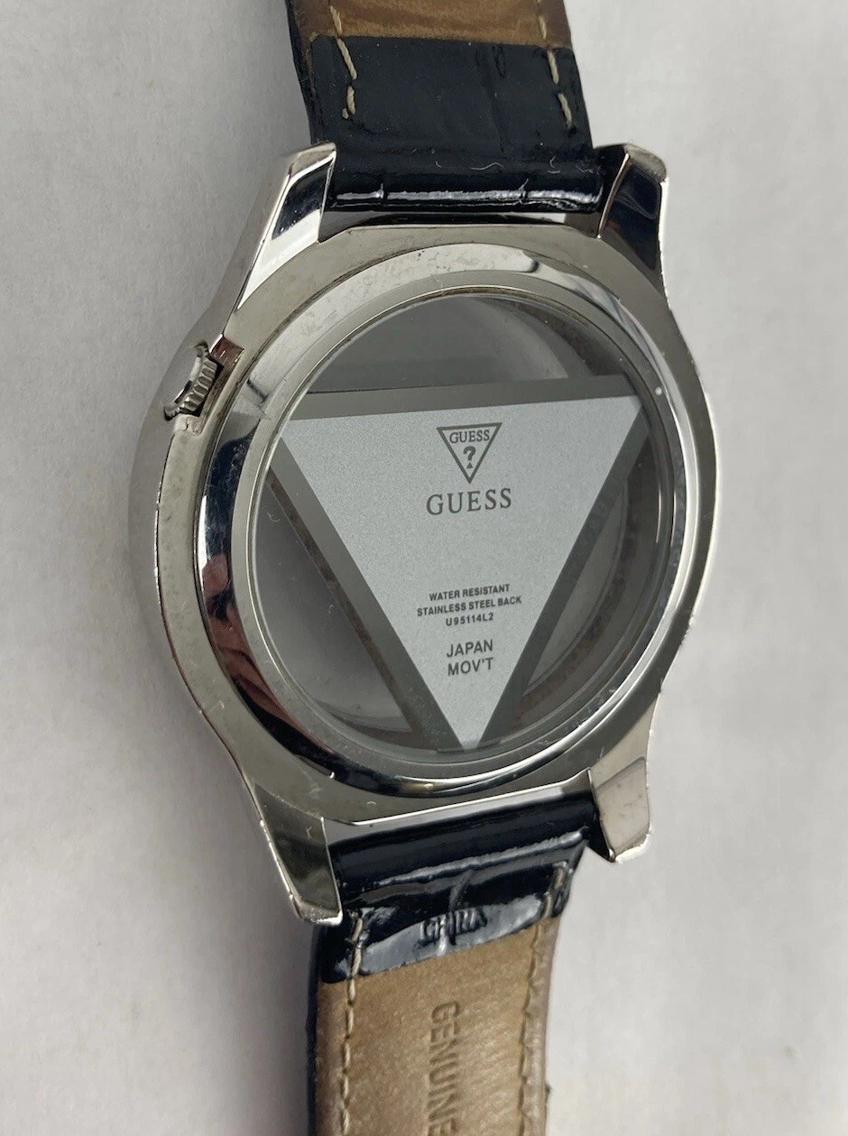 Guess 42mm Silver Semi-Transparent Case Quartz Watch w/Leather Band &New Battery