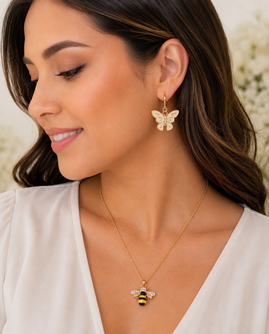 🐝 Bee & Butterfly Necklace Earrings Set Crystal Gold Tone Gift Box Included