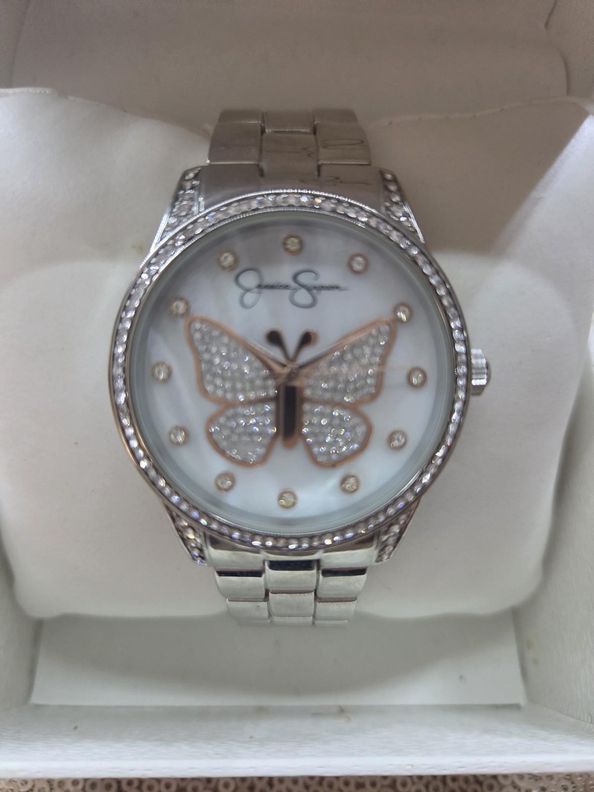 Jessica Simpson Silver-Tone Crystal Butterfly Watch with Mother of Pearl Dial