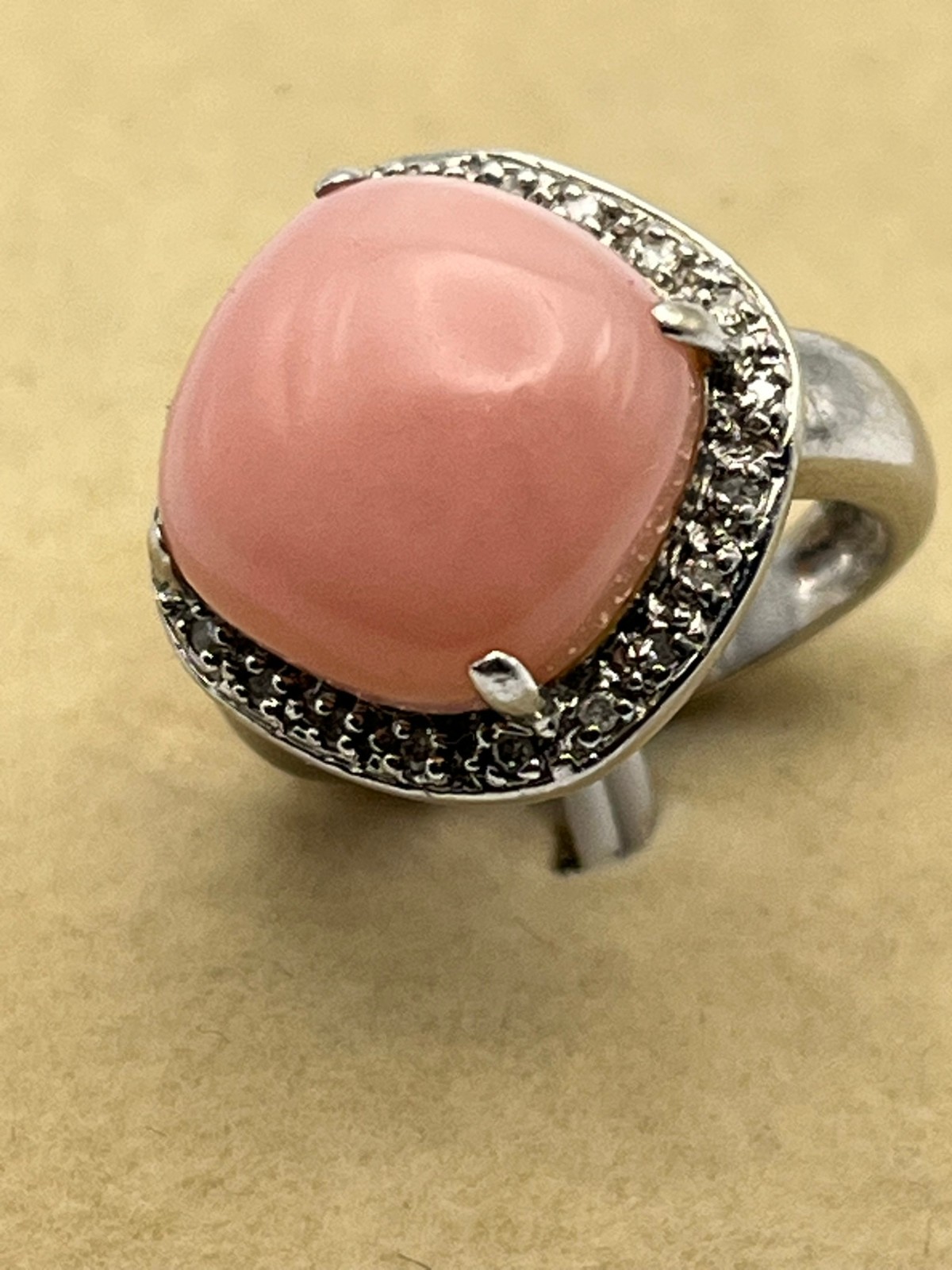 14K Solid White Gold Pink Coral Stone and Diamond Halo Ring Size 5.25