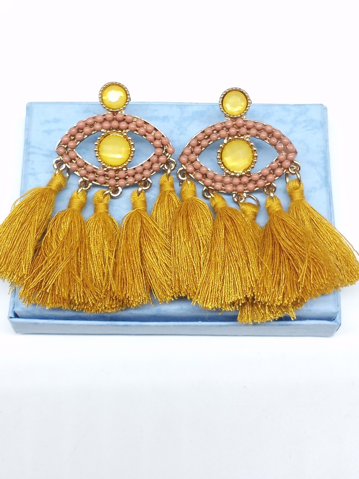 Vintage Tassle Earrings Ethnic Pierced Mustard Yellow Color Eye Shape Design