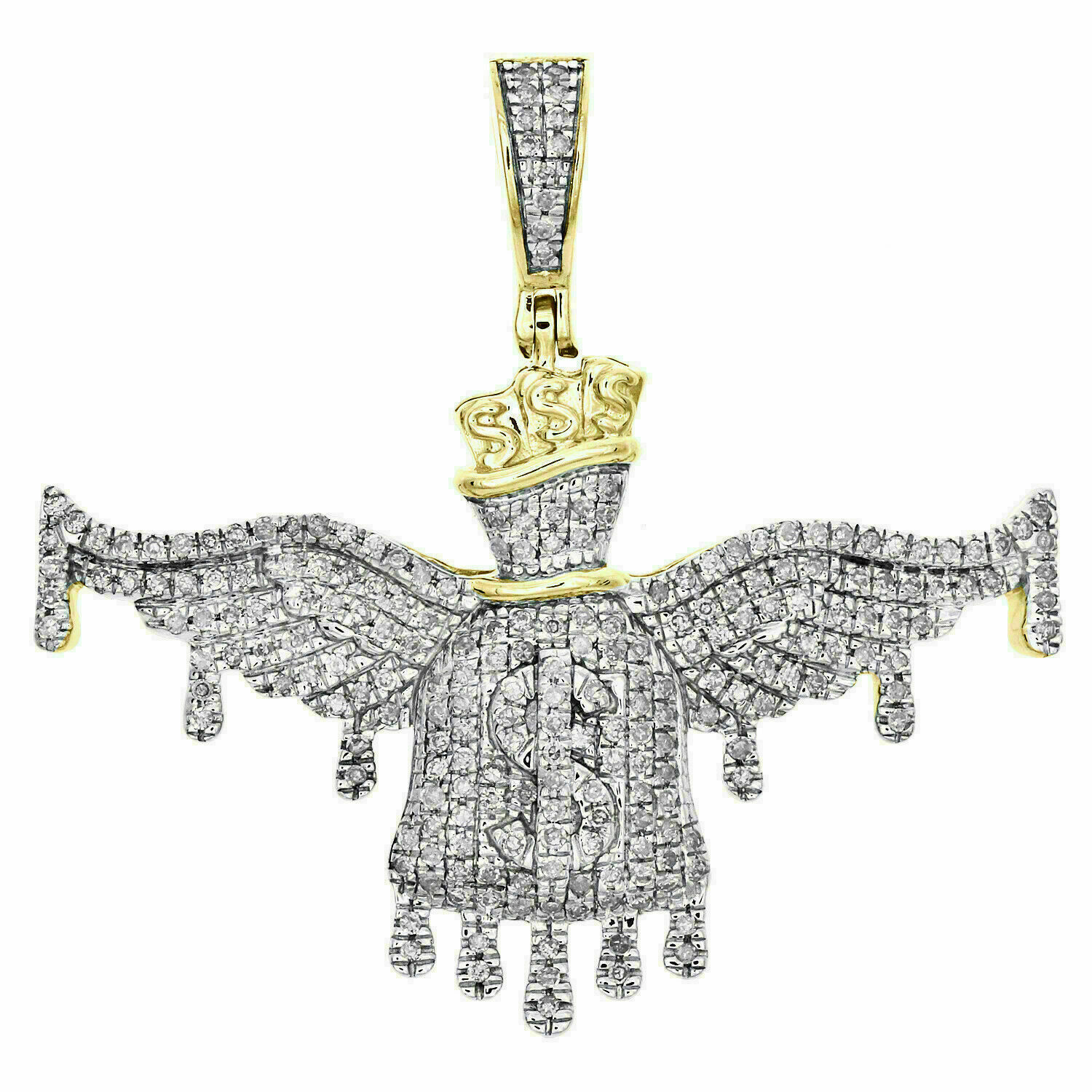 2 Ct Round Diamond Money Bag Drip Pendant 1.30″ Pave Charm 14K Yellow Gold Over