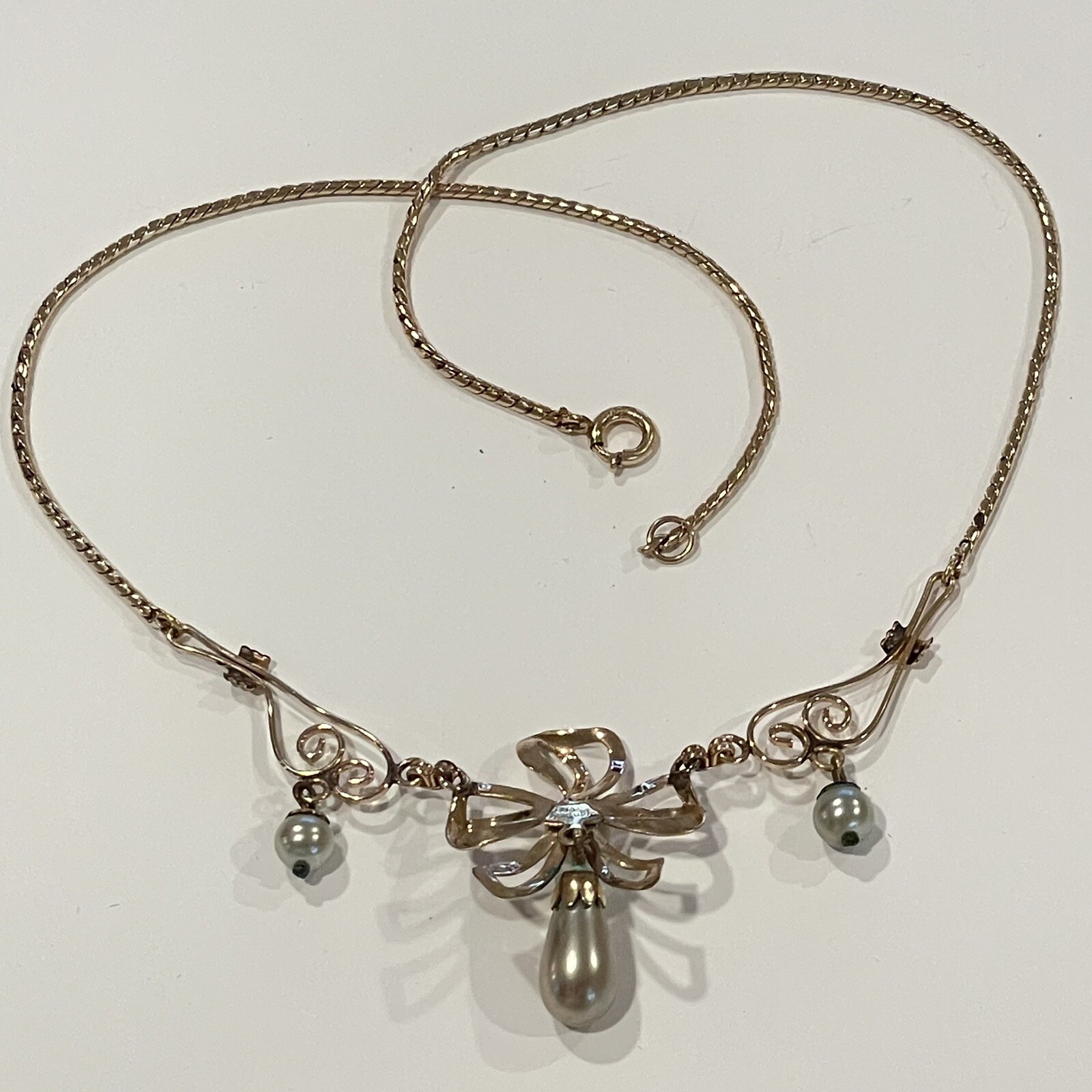 Vintage Van Dell 12k Gold Filled Bow Necklace And Earrings Set Pearls