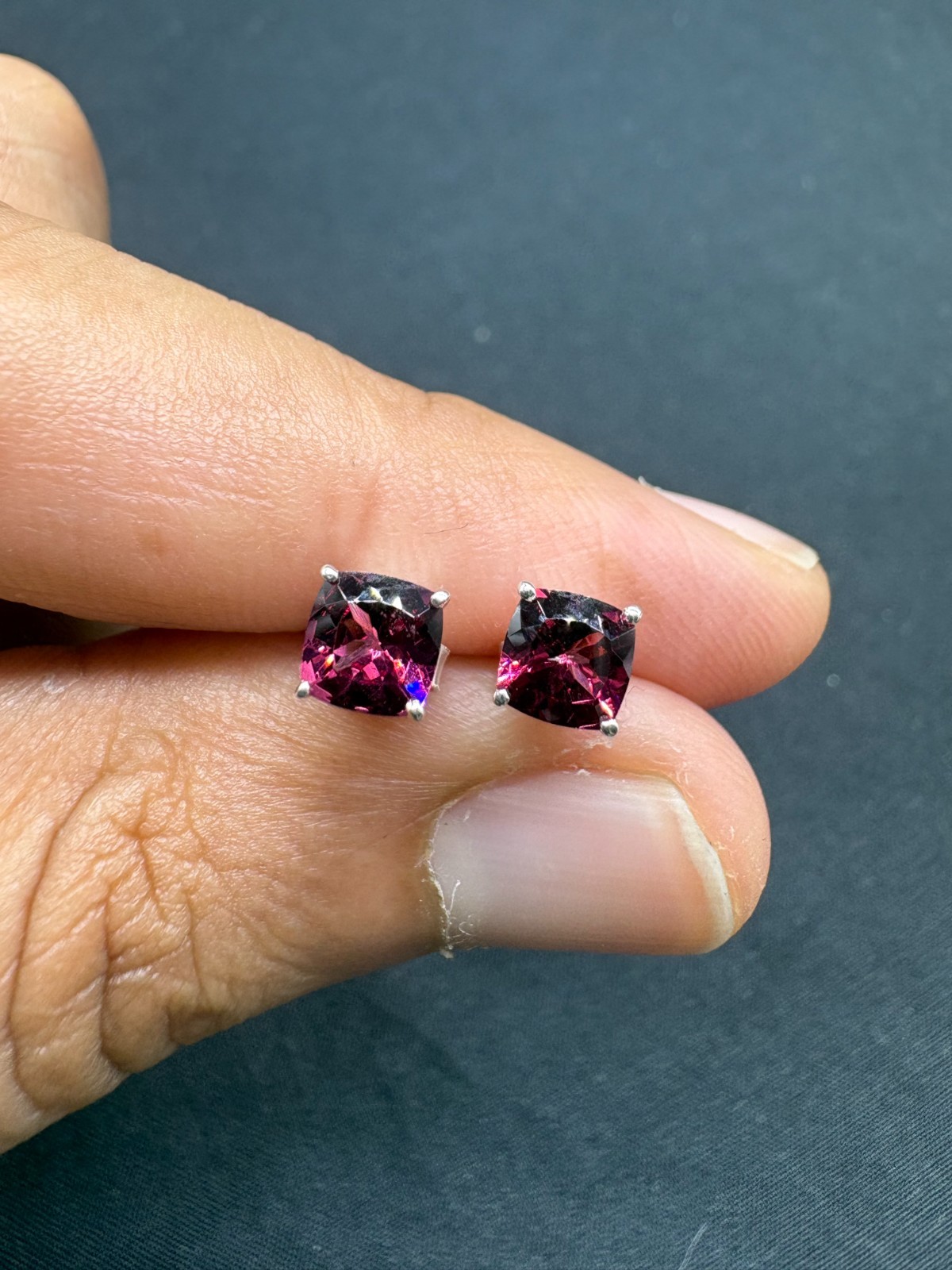 Pink Rhodolite Stud Earrings in Sterling Silver | 5.00mm Cushion Cut, 1.50 cts
