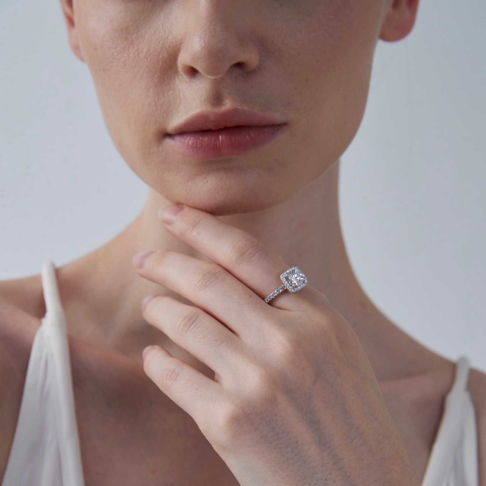 Platinum Plated Moissanite Halo Engagement Ring in 925 Sterling Silver