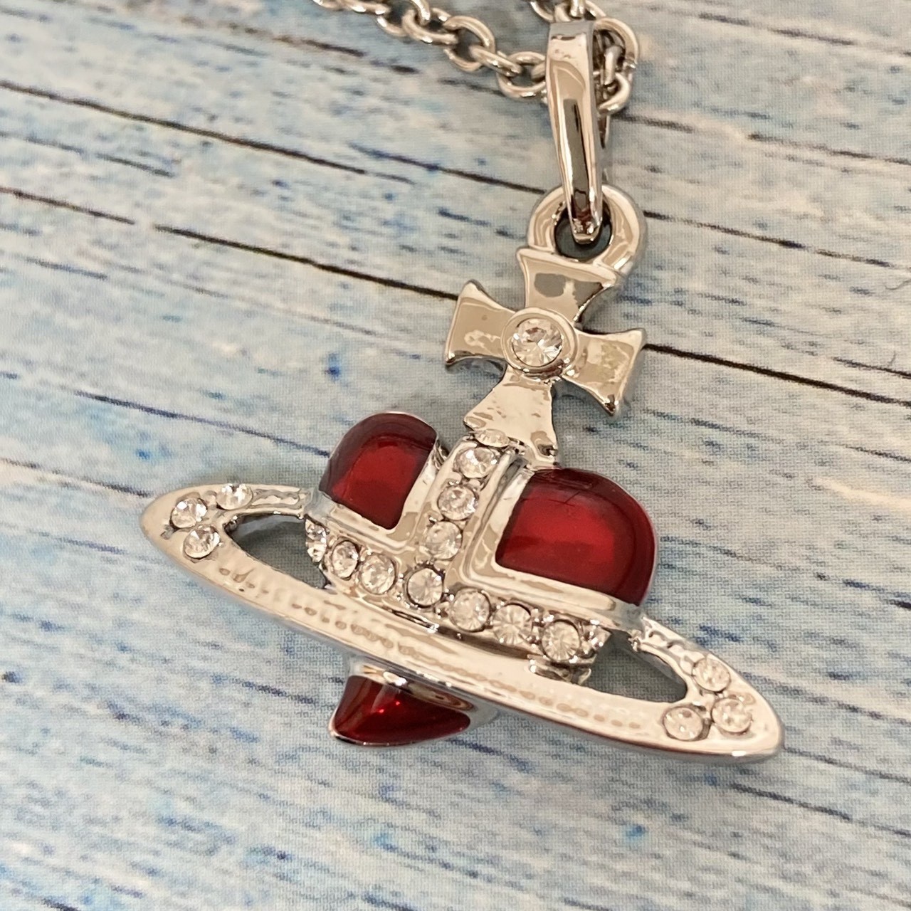 Vivienne Westwood Necklace Diamante Heart Silver Red TOP 2.5cm w/Pouch NO BOX