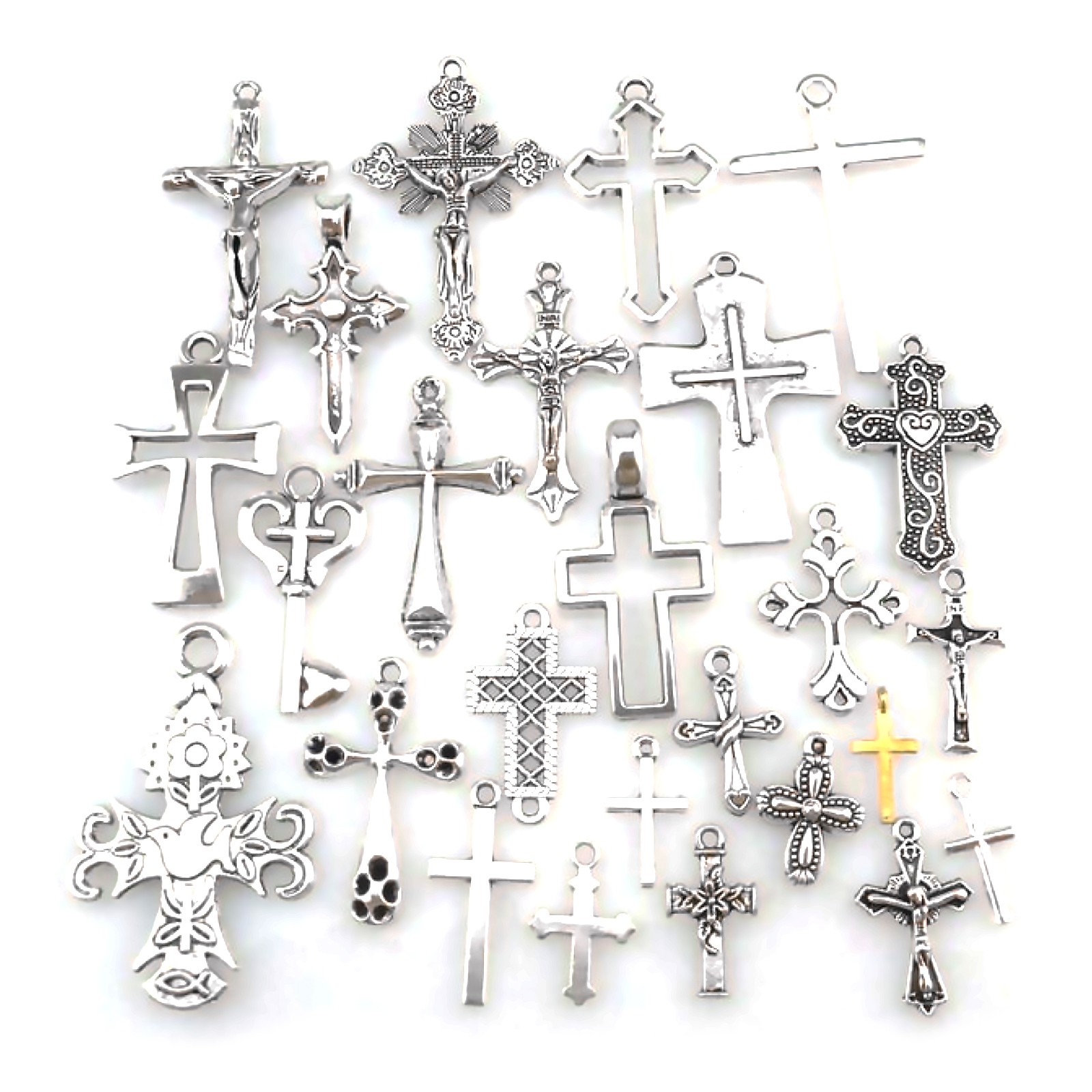 25* MIX Cross Pendant Vintage Antique Silver Tone Alloy Faith Religious Charm C