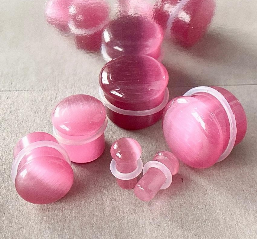 PAIR Pink Cat Eye Stone Plugs Single Flare Tunnels Earlets Gauges Body Jewelry