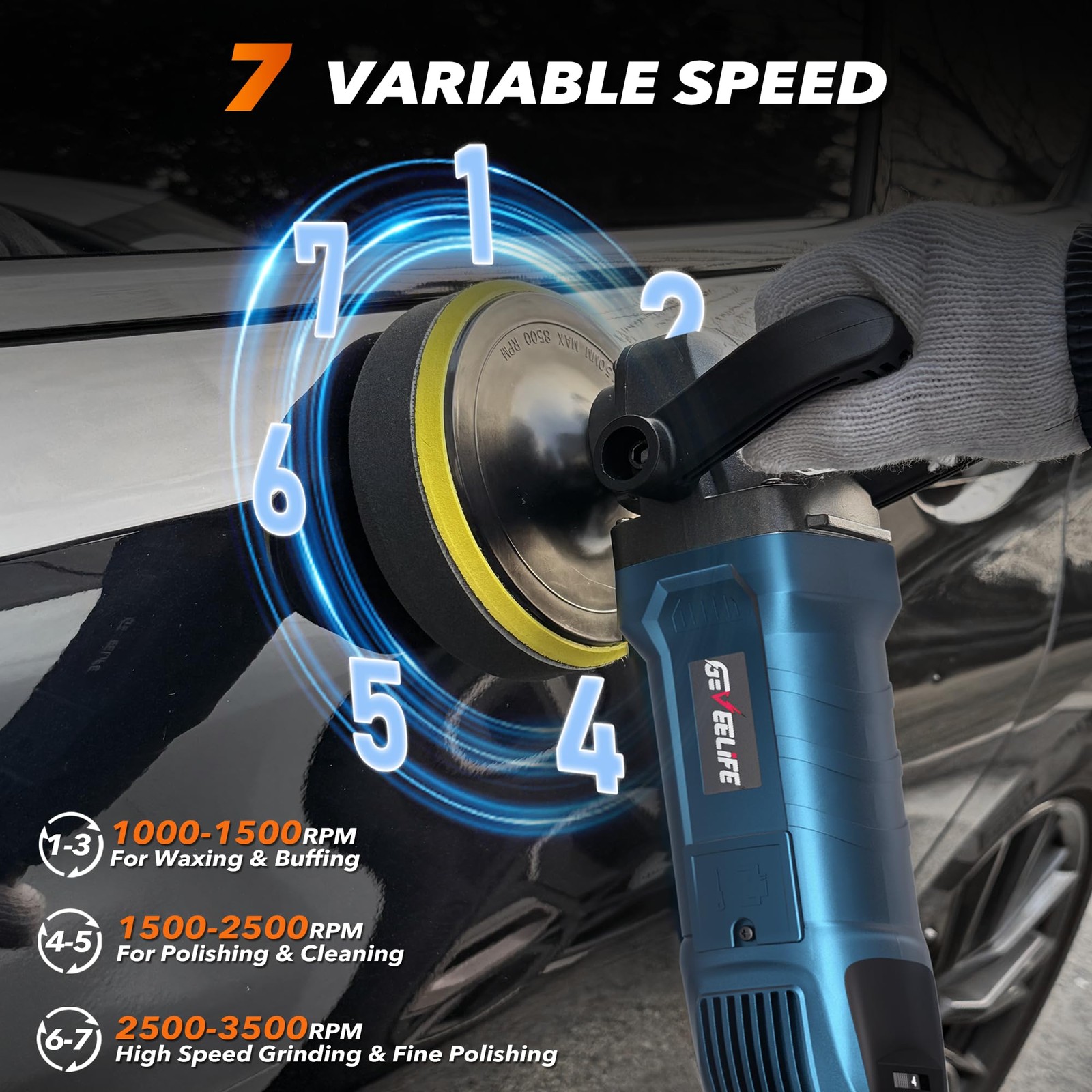 GEVEELIFE 1600W Rotary Car Buffer Polisher 6/7in 7-Speed 1000-3500 RPM
