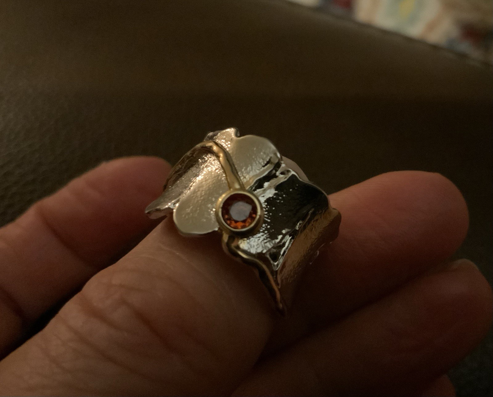 Silver Gold Garnet Ring Sz 7 Sundance Catalog Style Brutalist Artisan Boho CZ