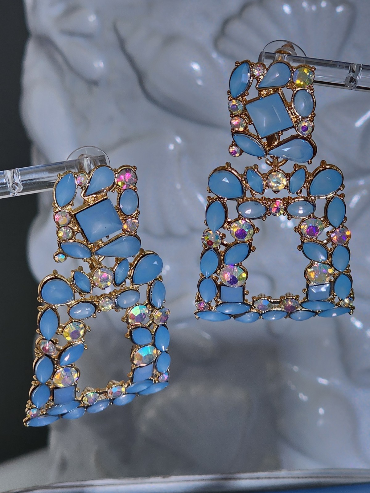Blue Crystal Rhinestone Geometric Dangle/Drop Earrings Gold Tone Post Closure