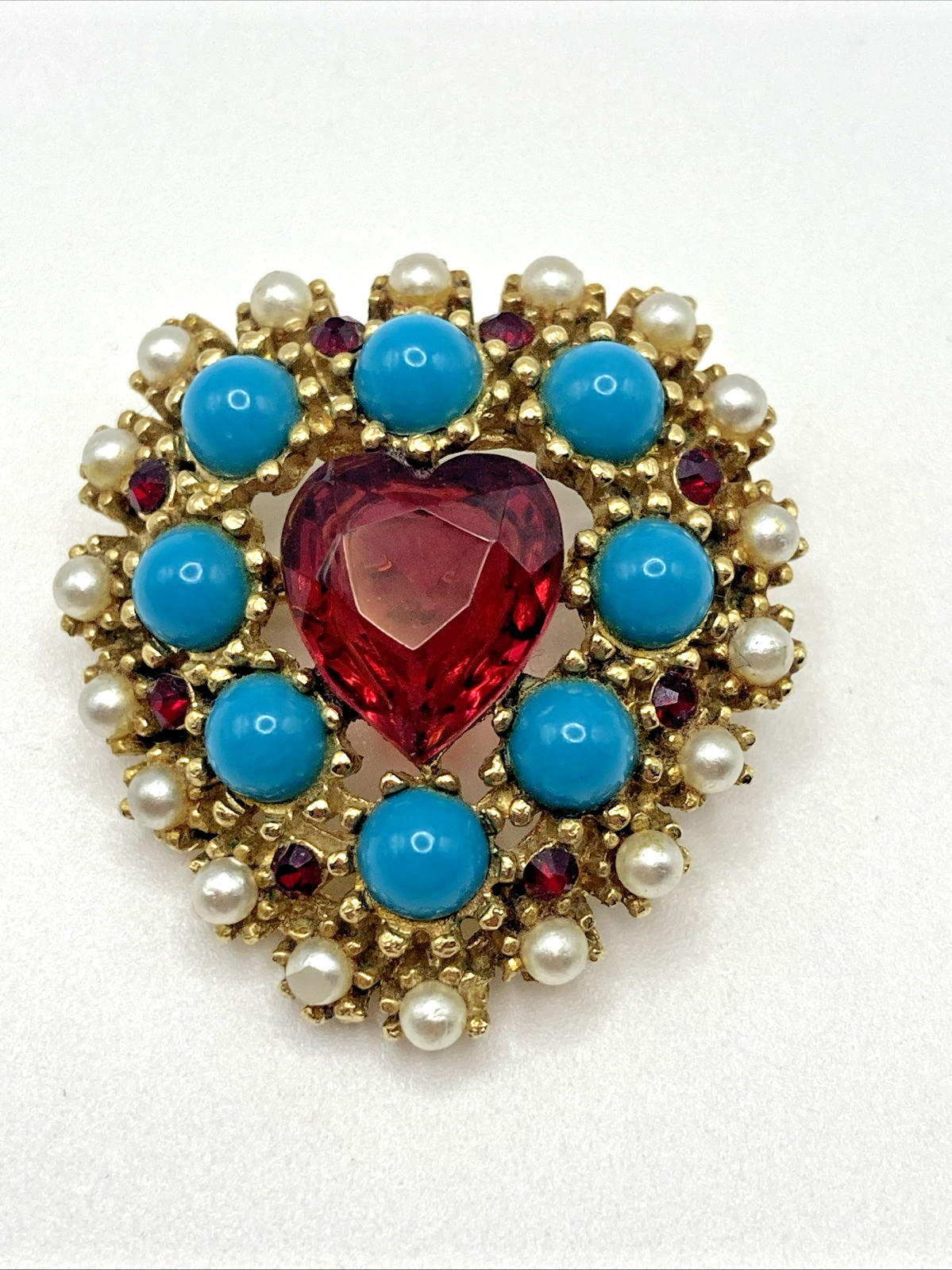 Smaller Vintage R Mandle Faux Ruby Pearl & Turquoise Heart Brooch Scarce!