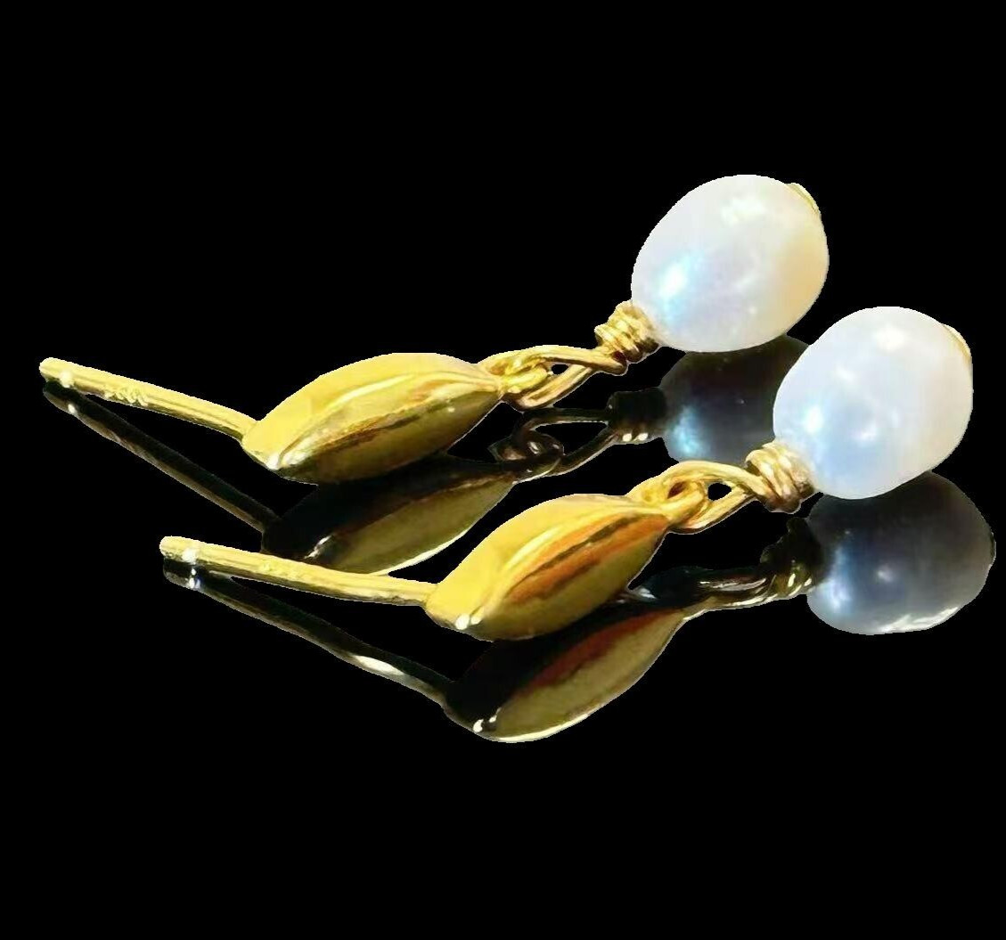 925 Silver Natural 5×7.5mm Pearl Drop Dangle Stud Earrings 14K Gold Plated