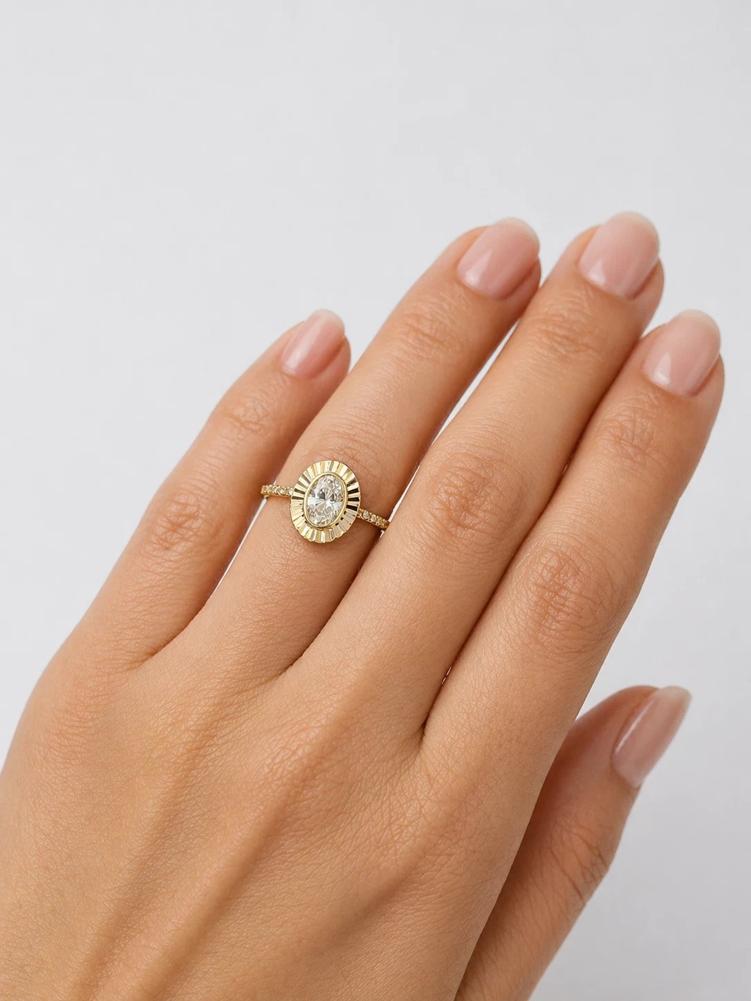 10K Real Yellow Gold Oval CZ Stone Sunburst Halo Women’s Engagement Ring