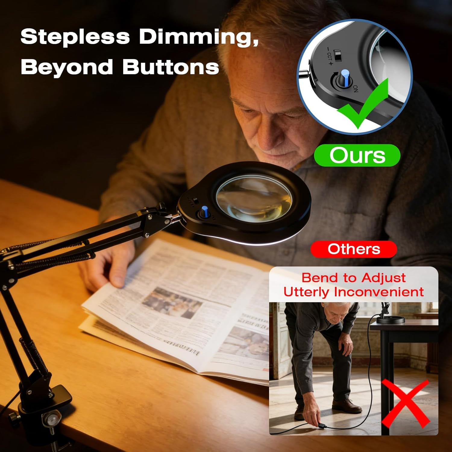 10X Magnifying Glass with Light and Stand, 5 Color Modes Stepless Dimmable LED M