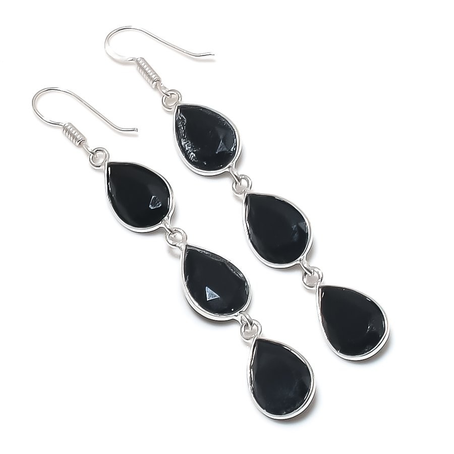Black Spinel Gemstone Handmade 925 Sterling Silver Jewelry Earring Size 3″