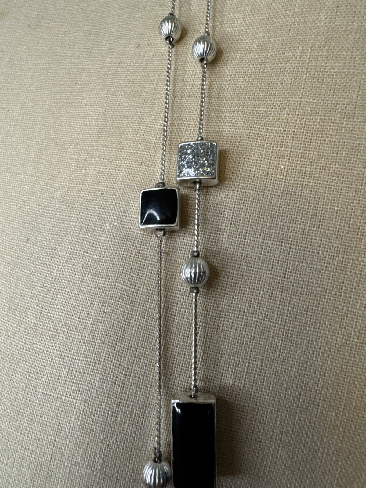 Silver And Black Square Beads 2 Strand Approx 24” Lobster Clasp Adjustable