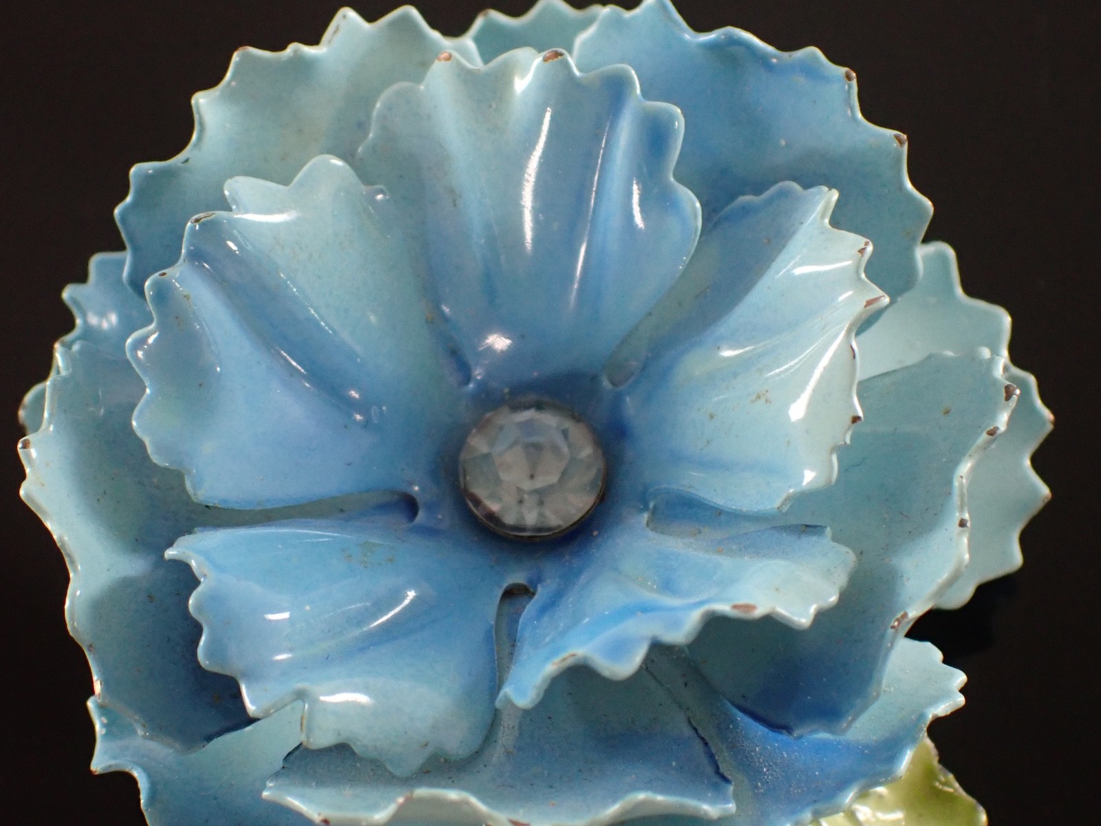 Vintage Blue Enamel Flower Brooch Glass Rhinestone Center Mid Century