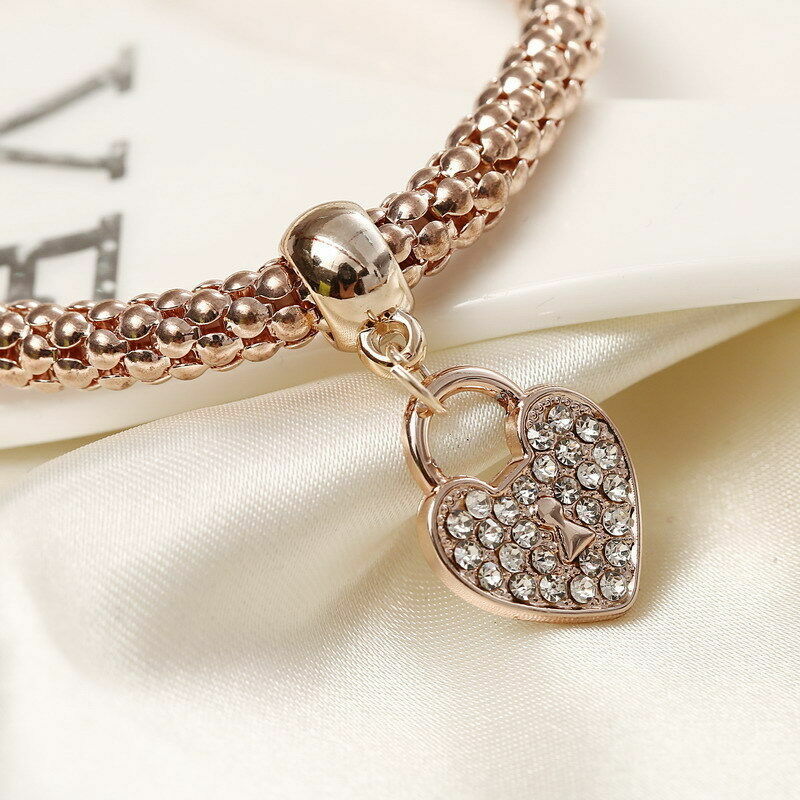 Silver Rose Gold White Topaz Heart Charm New Fashion Bracelet Bangle 3 in 1 Set