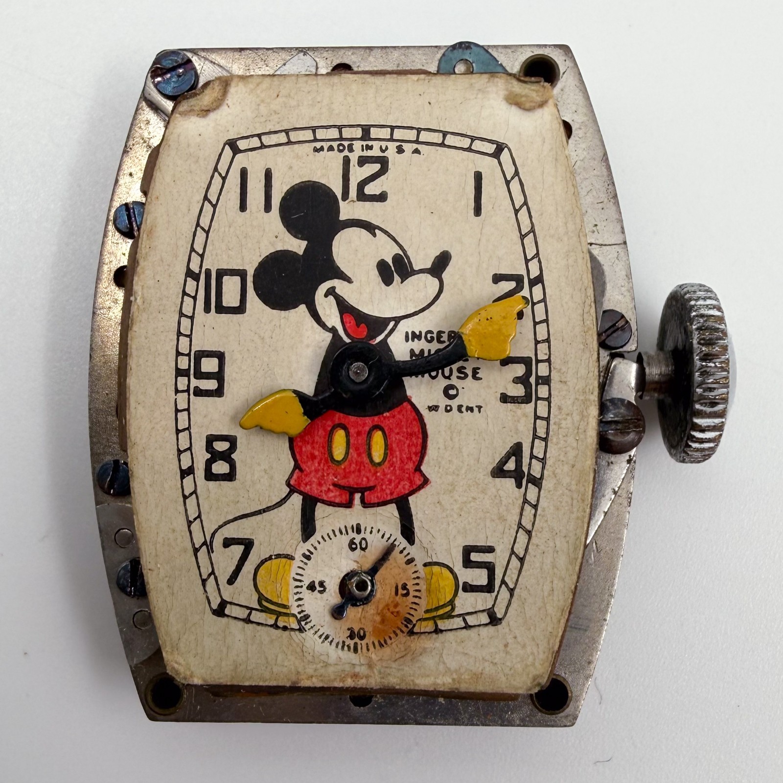 Mickey Mouse 1930’s Disney Ingersoll Chrome Watch w/ Leather Band 1939 Working