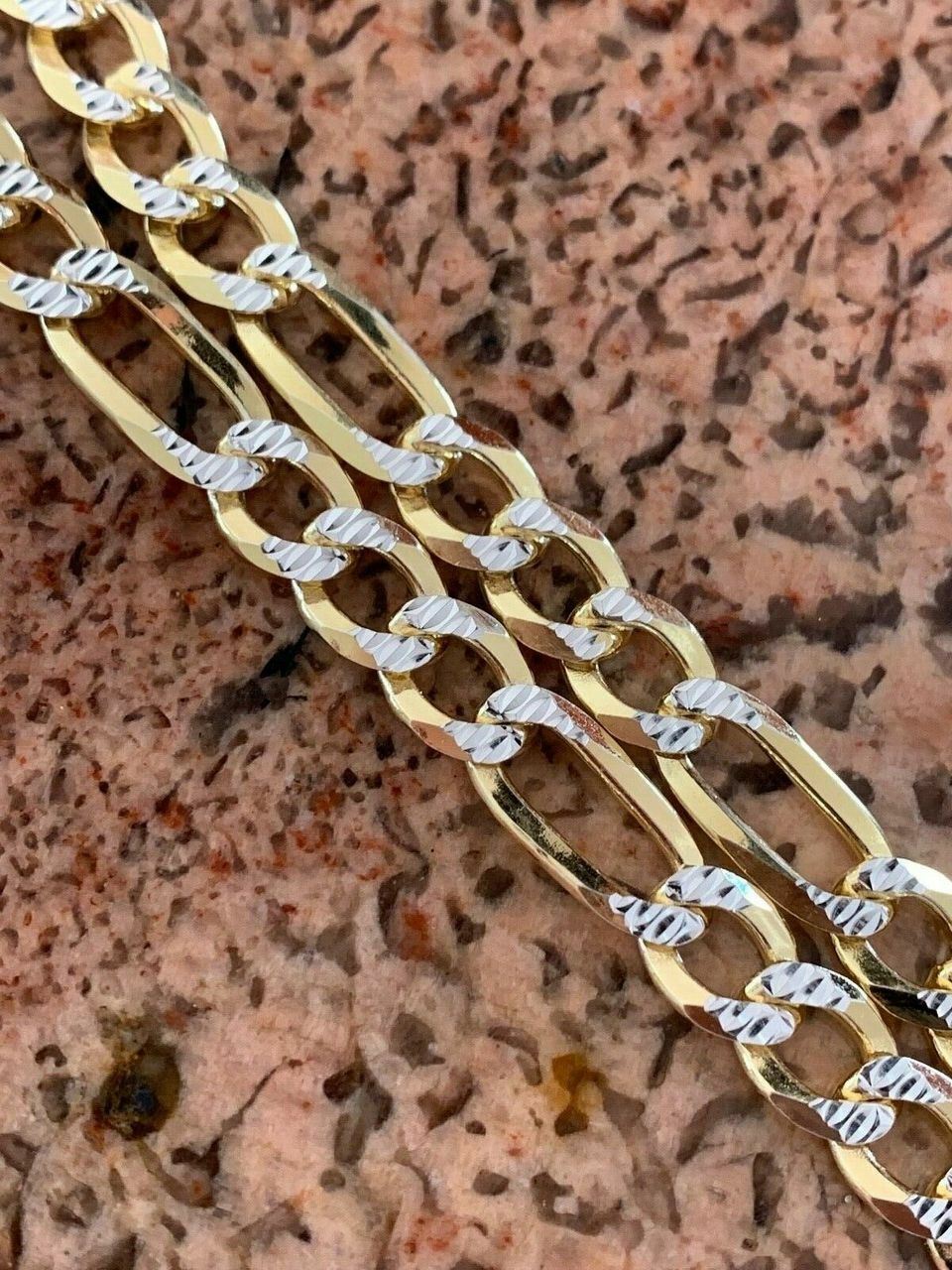 Mens 8mm 14k Gold Plated Solid Sterling Silver Figaro Chain Two Tone Diamond Cut