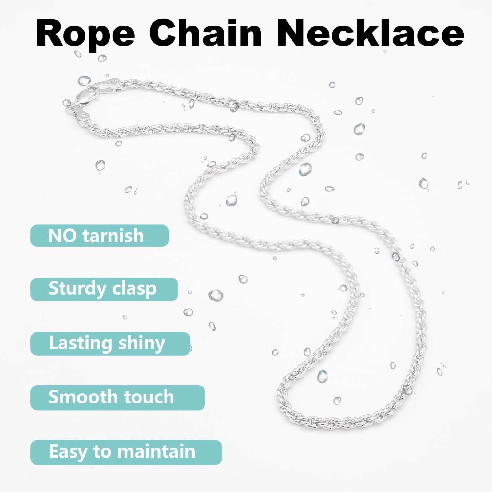 925 Sterling Silver Rope Chain Necklace 2.5mm Lobster Clasp 16-30 Inches Unisex