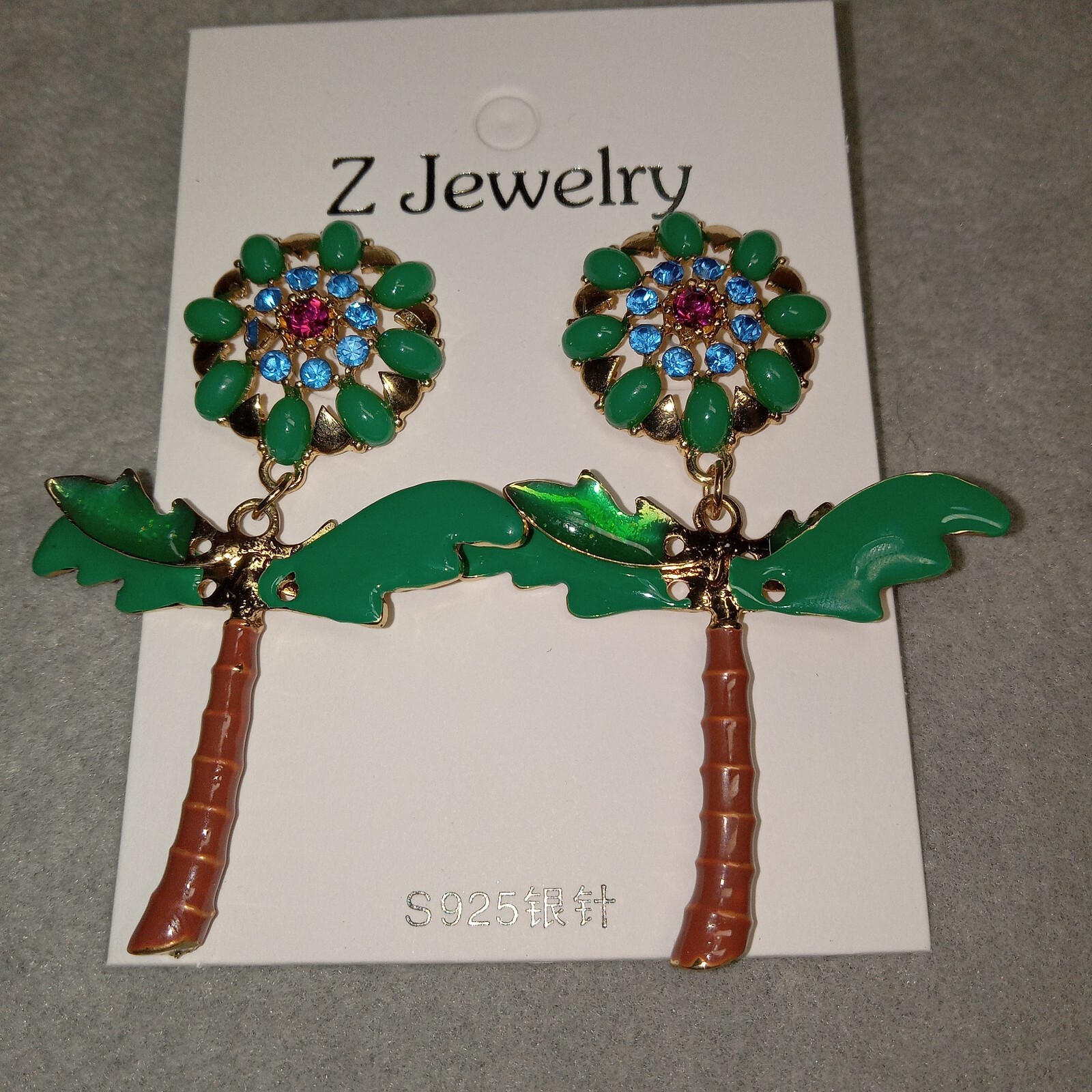Palm Tree Flowe Jewelry Stateme Earrings Rhinestone Enamel Unique Rare Tropical