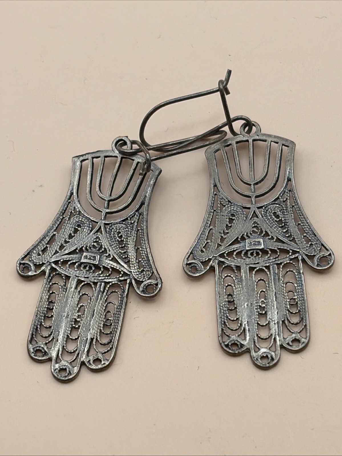 Vtg 925 Sterling Silver Filigree Hamsa Menorah Dangle Earrings Israel Judaica