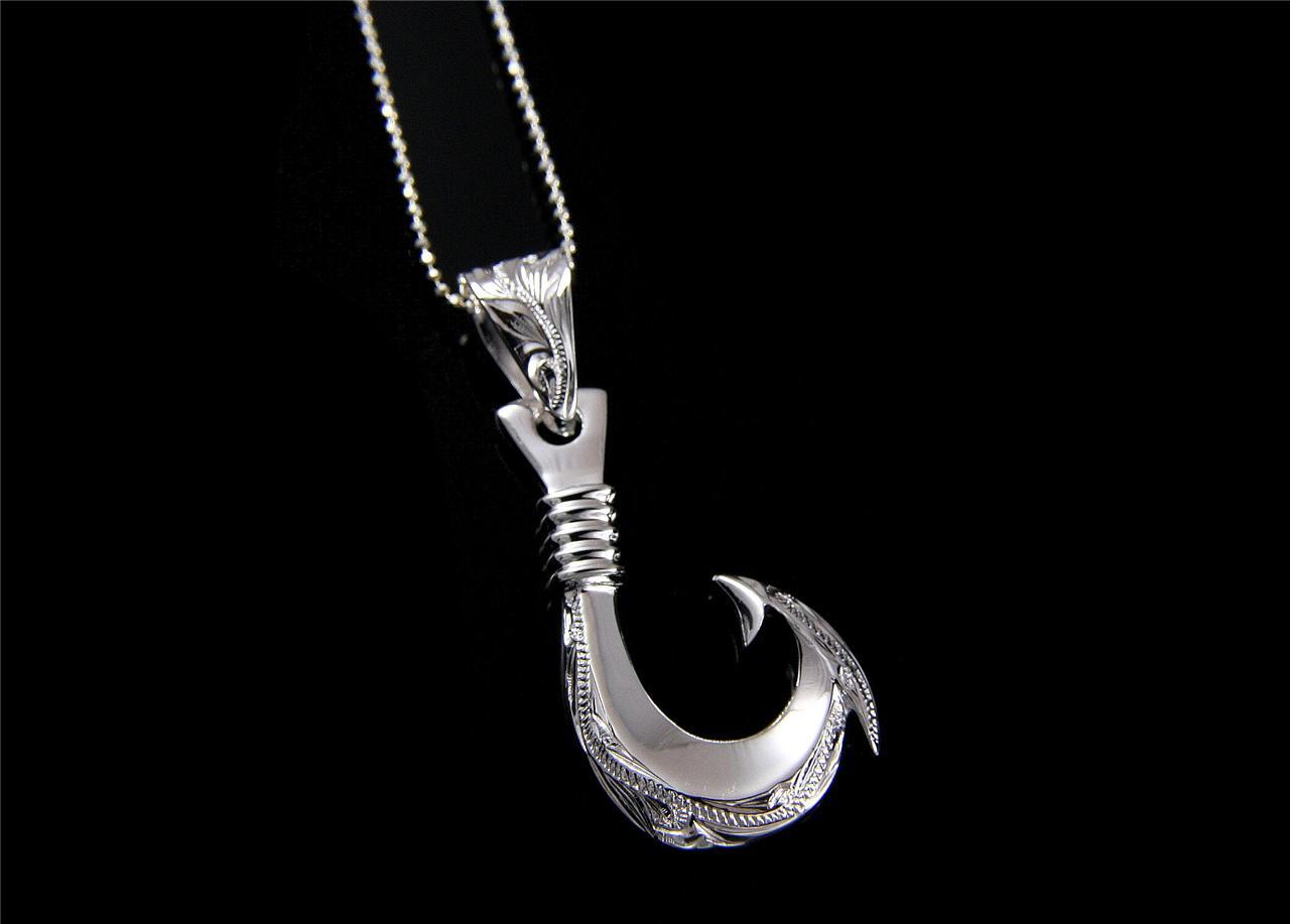 STERLING SILVER 925 HAWAIIAN SCROLL ENGRAVED FISH HOOK PENDANT HEAVY 17.5MM