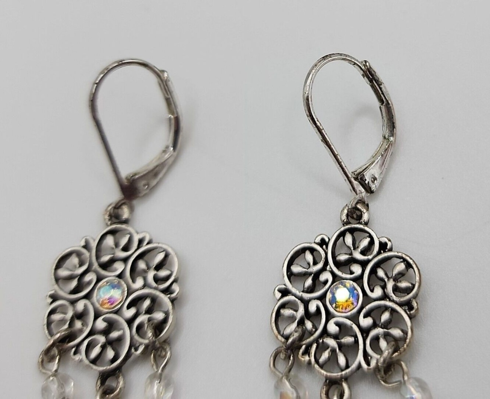 N A Clear Rhinestone & Bead Silver Tone Floral Dangle Earrings