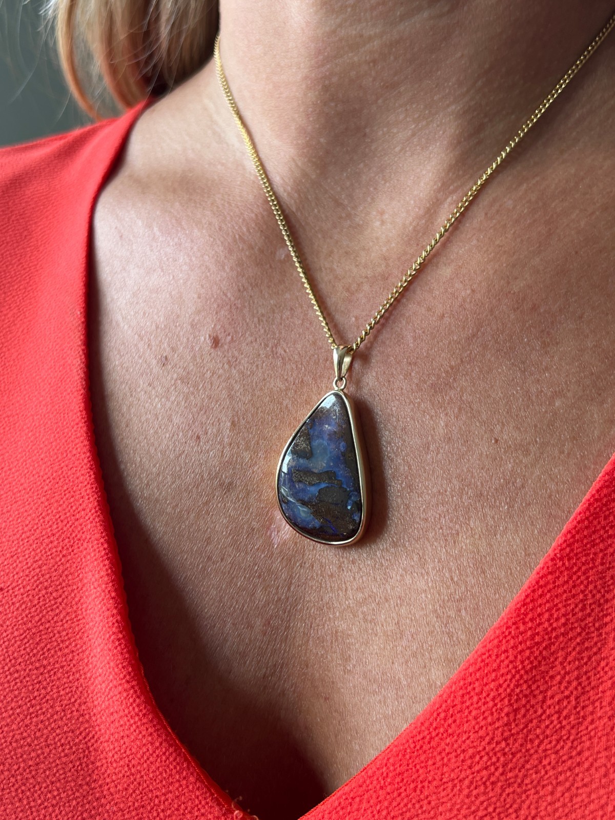 Contemporary 14 Karat Yellow Gold Freeform Oval Blue and Brown Opal Pendant