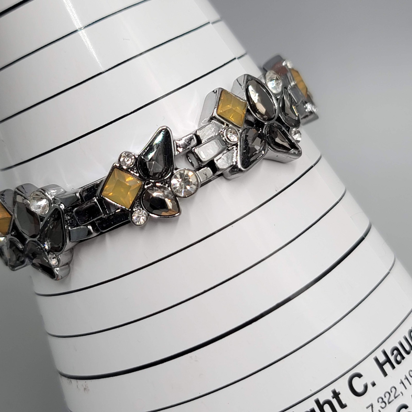 Black Yellow Rhinestone Bracelet Gun Metal Gray Metal Elastic 7″