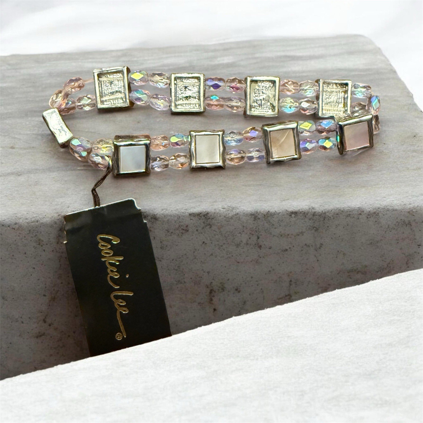 Cookie Lee Genuine Shell and Crystal Bracelet Silver Tone