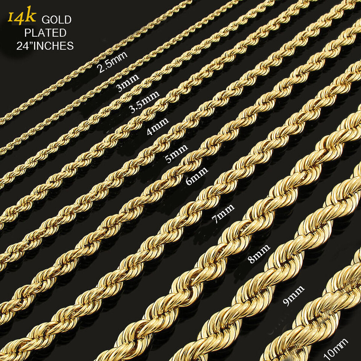 14K Gold Plated High Fashion 24″ inch Italy Rope Chain Necklace 2.5 mm-10 mm